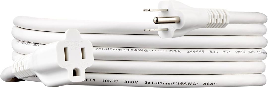 Amazon Basics Extension Cord, 10 Ft, 3-Prong Outlet Extender, Indoor Use, 13 Amps, 125V, White