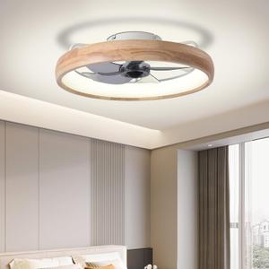 20 Ceiling Fan with Light, Dimmable LED Timing with Remote Control, 5 Invisible Reversible Blades Semi Flush Mount Low Profile Fan, Arc Wooden Frame