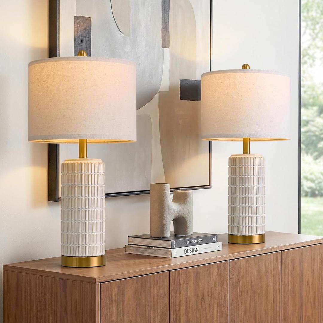 PoKat 25'' Modern Table Lamps Set of 2 for Living Room with Gold Base, White Farmhouse Bedside Lamps for Bedroom, Nightstand Lamps for Office End Table Hallway Home Decor Gift, Beige and White