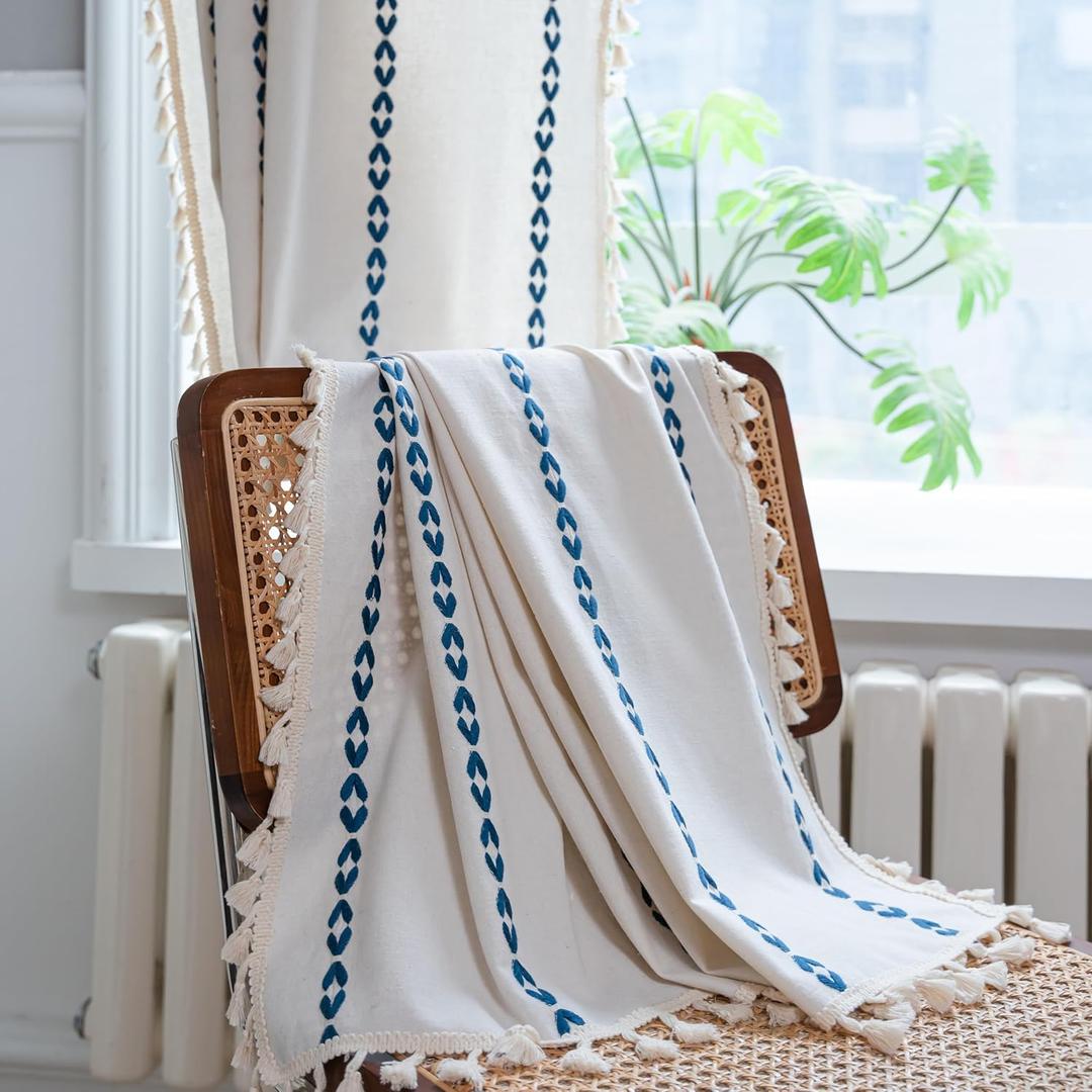 Sutuo Home Boho Curtains 84 inches for Bedroom Living Room, Semi Blackout Farmhouse Vintage Tassels Window Treatment Bohemian Embroidery Drape, Rod Pocket 1 Panel 52" W x 84" L, White and Navy Blue