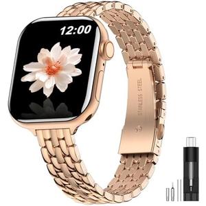 MioHHR Slim Metal Bands Compatible with Apple Watch Band 38mm 40mm 41mm 42mm (Series 10), Thin Chain Stainless Steel Strap Bands for Women iWatch Series 10 9 8 7 6 5 4 SE 3 2 1, Rose Gold