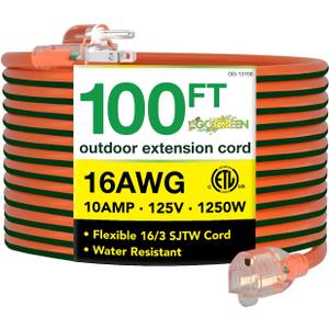 Go Green Power Inc. 16/3 100ft Outdoor Extension Cord - Heavy Duty, Lighted End, Contractor Grade SJTW Cable - Moisture & Abrasion Resistant - GG-13700 (100 ft, Orange)