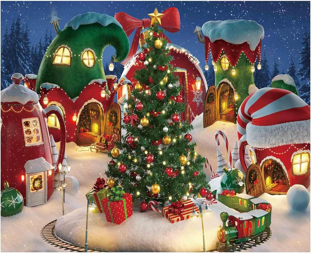 Funnytree 10x8FT Cartoon Christmas Village Photography Backdrop Winter Cabin Snow Pine Tree Background Xmas Fairy Tale Animated Kid Ice Party Photo Booth Banner Supplies Durable Soft Fabric