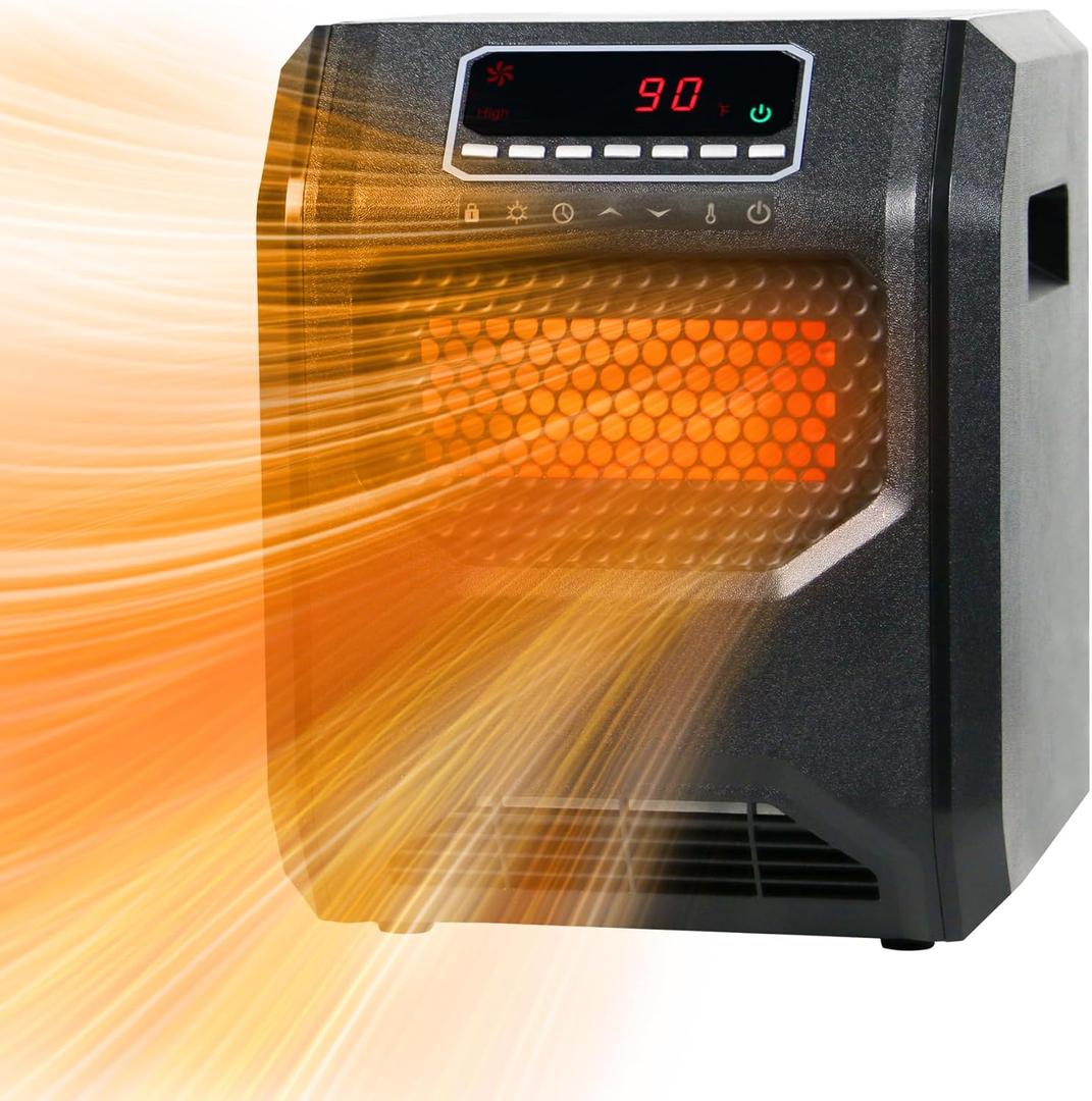 Quartz Space Heater for Bedroom Indoor Use Portable Infrared Heaters RealSmart 1500W Electric Heater Remote Control 3 Heating Modes LED Display Overheat Tip Over Protection Garage Office Large Room
