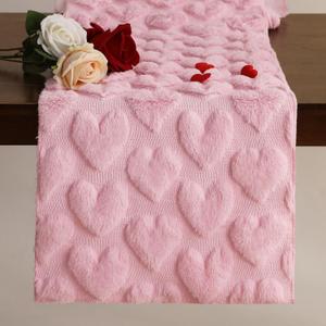 Valentines Tbale Runner 13x72 Inch Soft Plush Faux Fur Jacquard Pink Heart Table Runner, Seasonal Kitchen Dining Table Valentine's Day Decoration for Home Party Decor ZR004B72