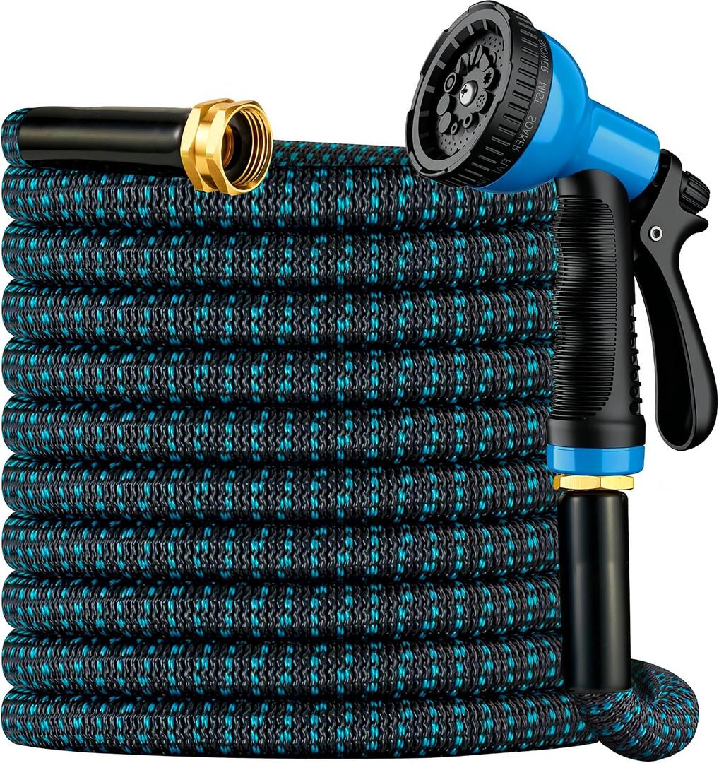 Expandable Garden Hose 50 ft with 10 Function Spray Nozzle, Flexible, Kink Free, Leak-Proof, Ultra Lightweight Retractable Stretch Water Hose 50ft for Yard, Lawn, Car Wash and Outdoor (Black & Blue)