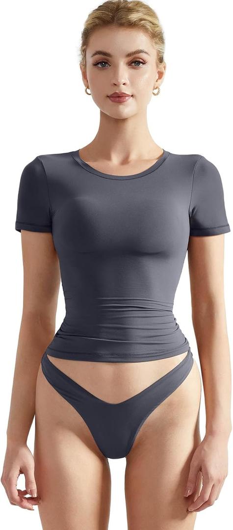 SUUKSESS Women Double Lined Fitted Basic Tee Crew Neck Short Sleeve Y2K Crop Top (Medium, Ash)