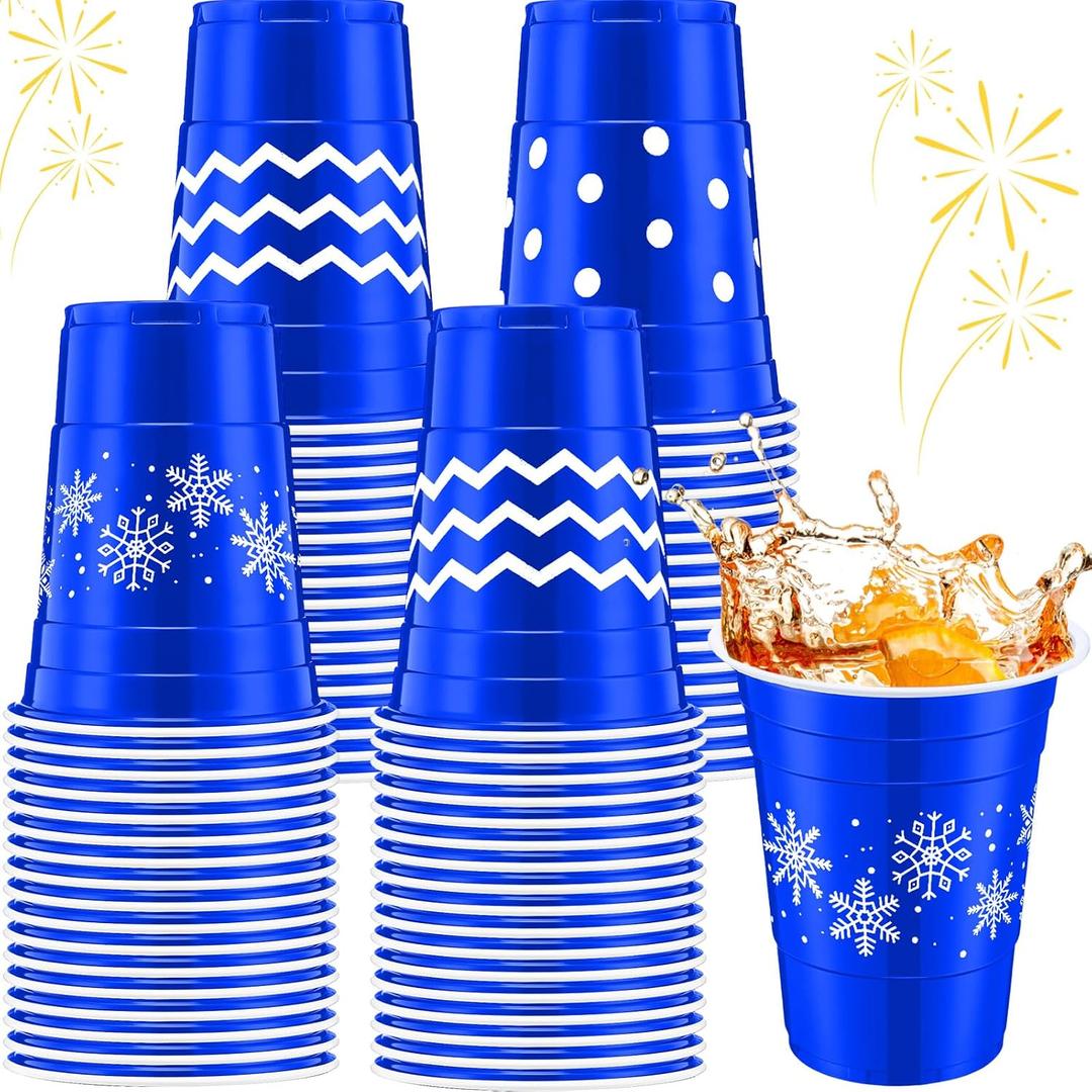 Jingmore 60 Pcs Winter Plastic Cups Bulk 16 oz Snowflake Disposable Winter Party Cups Stripes Polka Dots Drinks Cup for Christmas Holiday Birthday Baby Shower Party Supplies(Blue White,Snowflake)