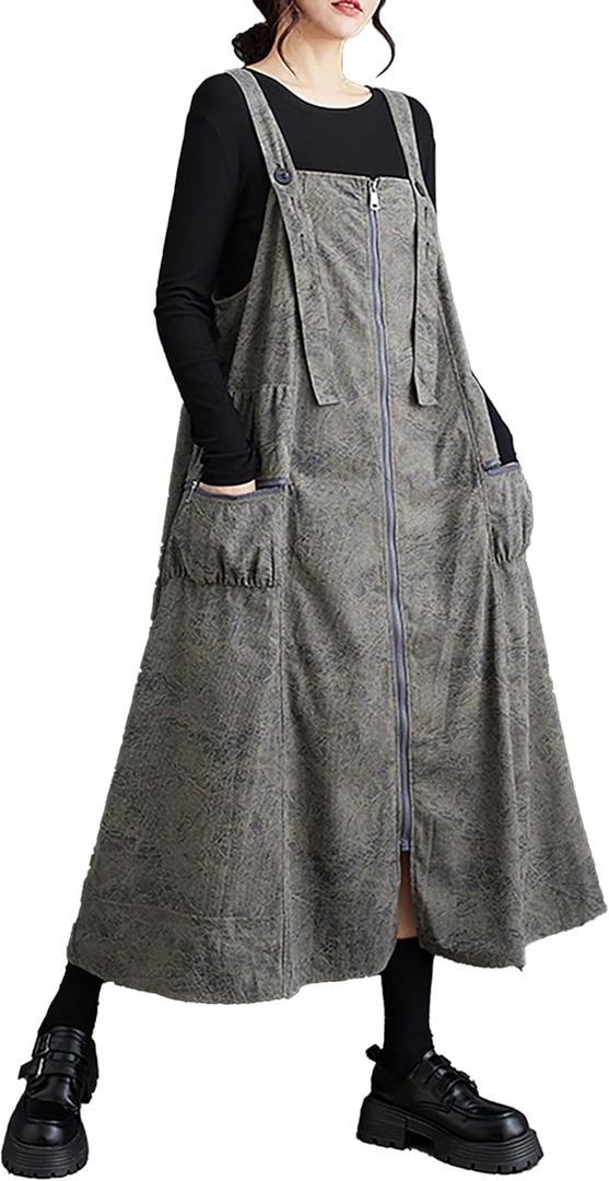 ellazhu Women's Dress Coat Strap Shoulder Zipper Two Side Pockets Flowy Hem Solid Color Loose Oversize GZ279 (Small-X-Large, Grey)