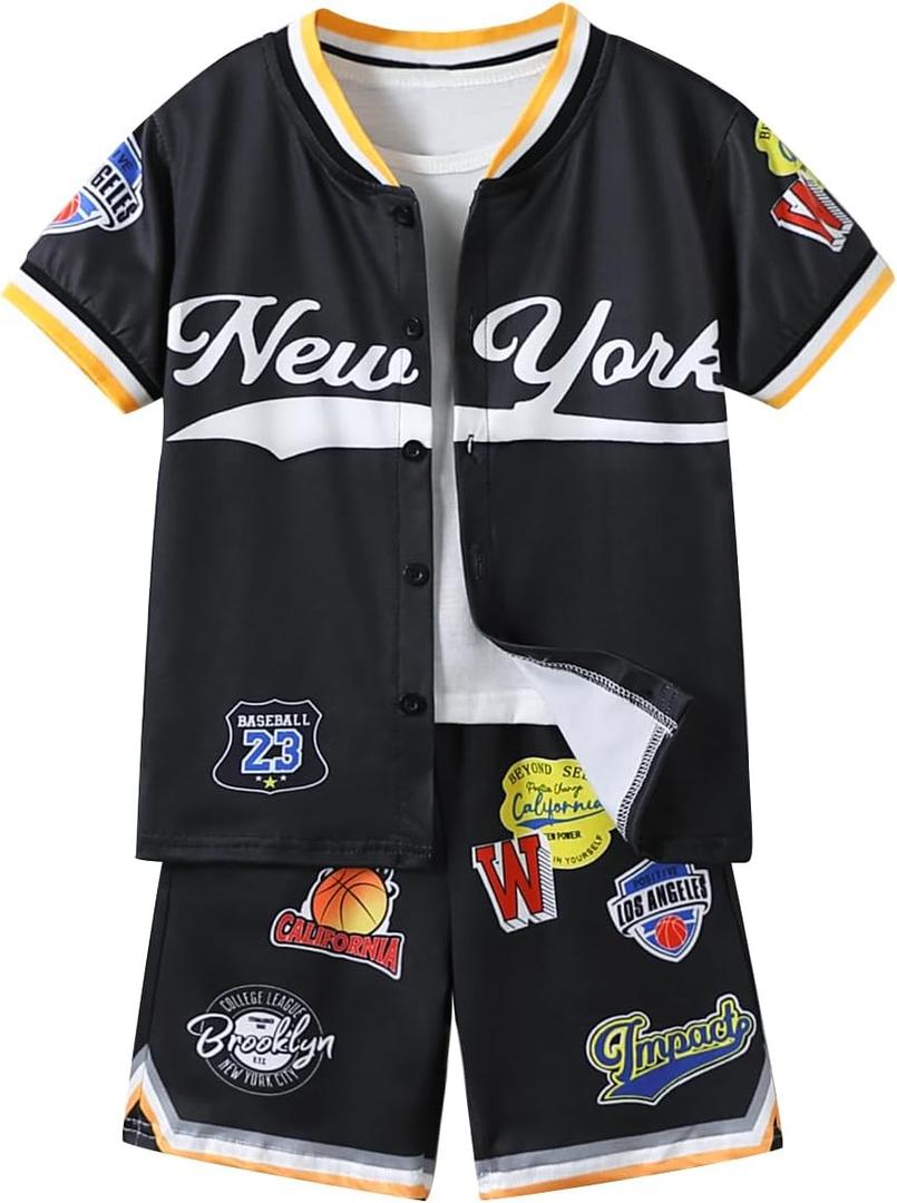 Boys Clothes 2-Piece Summer Outfit Letter Print Baseball Collar Short-Sleeve Top & Casual Shorts for Kids Clothing Set 12-13Y