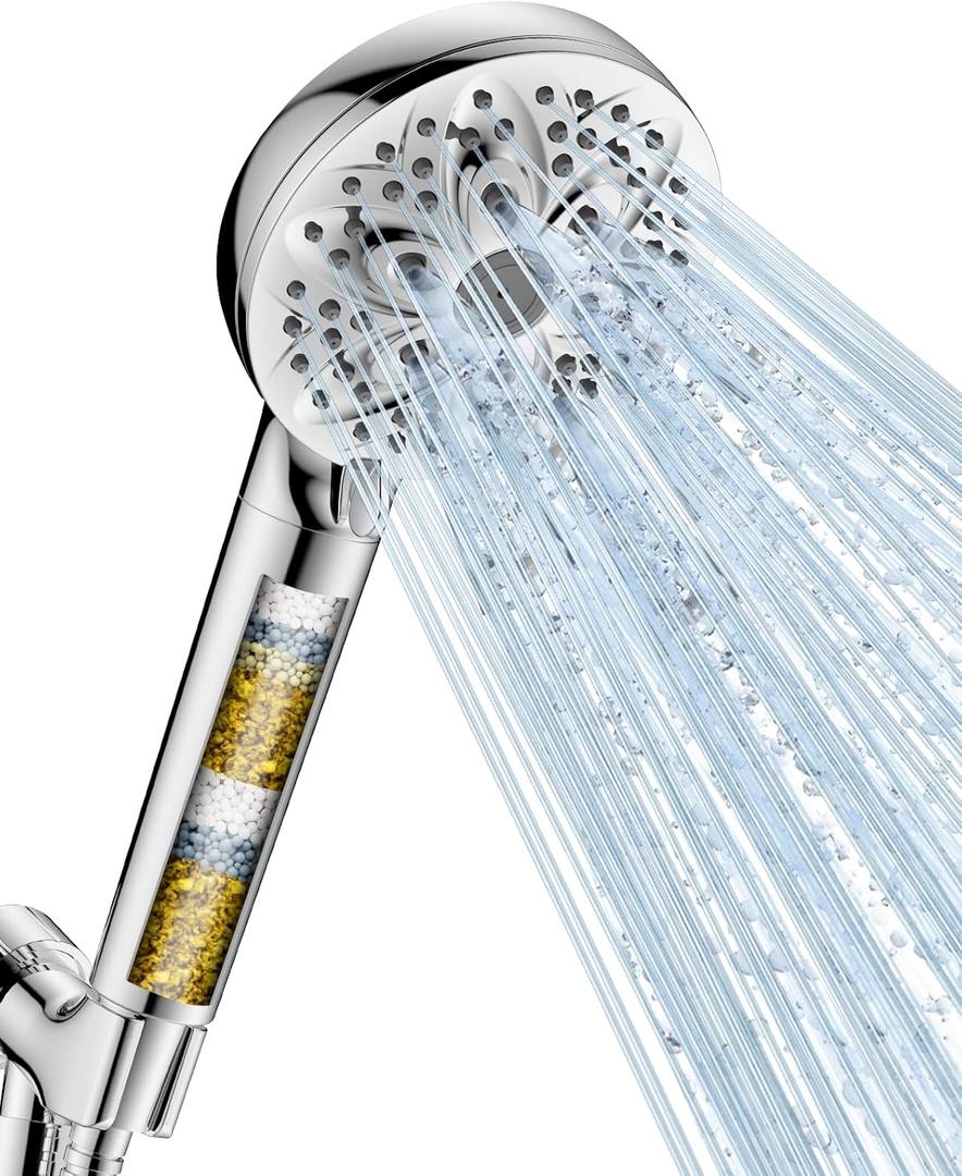6-Setting Filtered Handheld Shower Head, JDO High Pressure Shower Head with Replaceable Filter Cartridge 4.7 Inch Detachable Showerhead for Chlorine Hard Water Removal 59 Inch Stainless Steel Hose (Chrome)