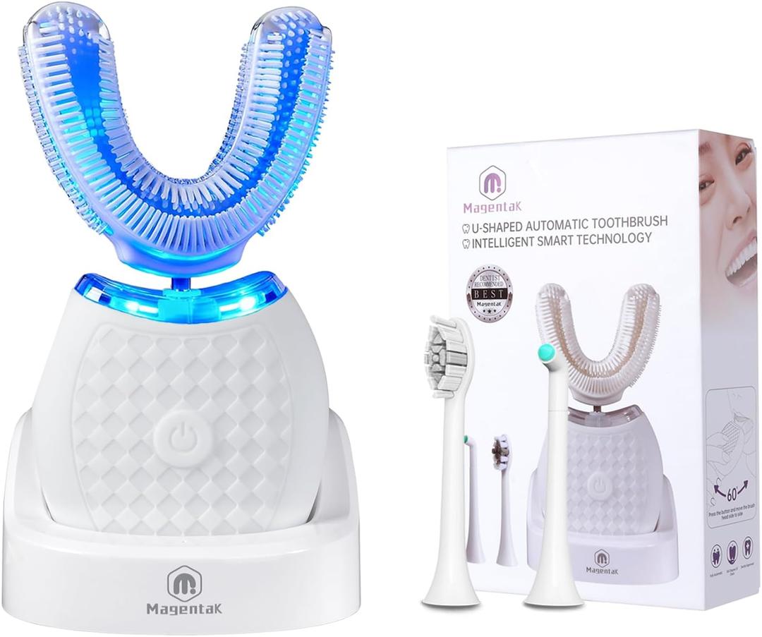 Automatic Electric Ultrasonic Toothbrush for Adults, U-Shaped Hands-Free for 360 Clean Teeth Fast, 3 Modes for Whitening,Electric Automatic Toothbrush Set for Home or Travel(White)