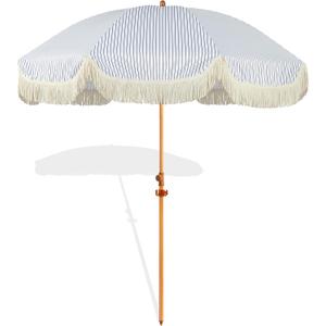 7.5ft Patio Umbrella with Fringe, Beach Umbrella, Fringe Umbrella Outdoor Patio with Hanging Hook, Tilting Aluminum Pole, UV 50+, Fiberglass Ribs, Blue White Stripe
