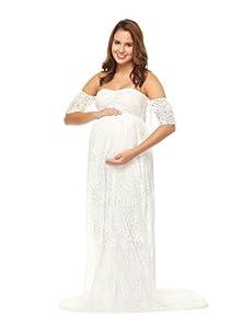 JustVH Maternity Off Shoulder Ruffle Sleeve Lace Wedding Gown Maxi Photography Dress for Photo Shoot Dress White, Large