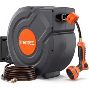 Upgraded Retractable Garden Hose Reel 5/8 inch x 100 ft Wall-Mounted 9 Pattern Nozzle Any Length Lock Automatic Slow Return 180° Swivel UV Resistant Heavy Duty Hose Reels for Outside