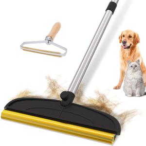 2 in 1 TPU and Copper Rake Teeth Carpet Rake for Pet Hair Removal, 60-inch Adjustable Long Handle Pet Hair Remover, Reusable Cat Dog Hair Rake Broom, Lint Remover Scraper for Carpet, Bed (Black-Silver)