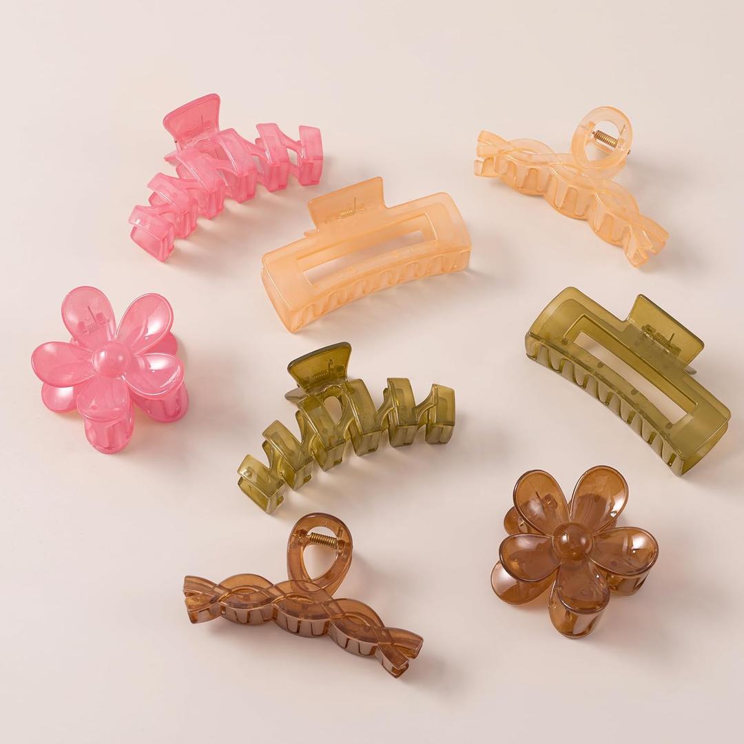 8PCS Hair Clips for Women, Flower Claw Clips for Thick Hair, Non-Slip Hair Accessories with Multi-Styles, Colorful Hair Claw Clips and Variety Pack, Ideal for Girls (8PCS(Jelly Grey/Jelly Green Jelly Pink/Jelly Brown))