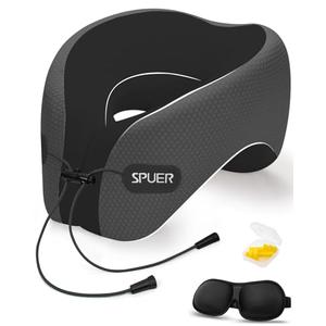 SPUER Travel Pillows for Airplanes, Neck Pillow Airplane, Travel Accessories with Eye Mask, Earplugs & Storage Bag, Memory Foam Neck Pillow for Sleeping, Flights, Cars, Office (Dark Gray & Black) M