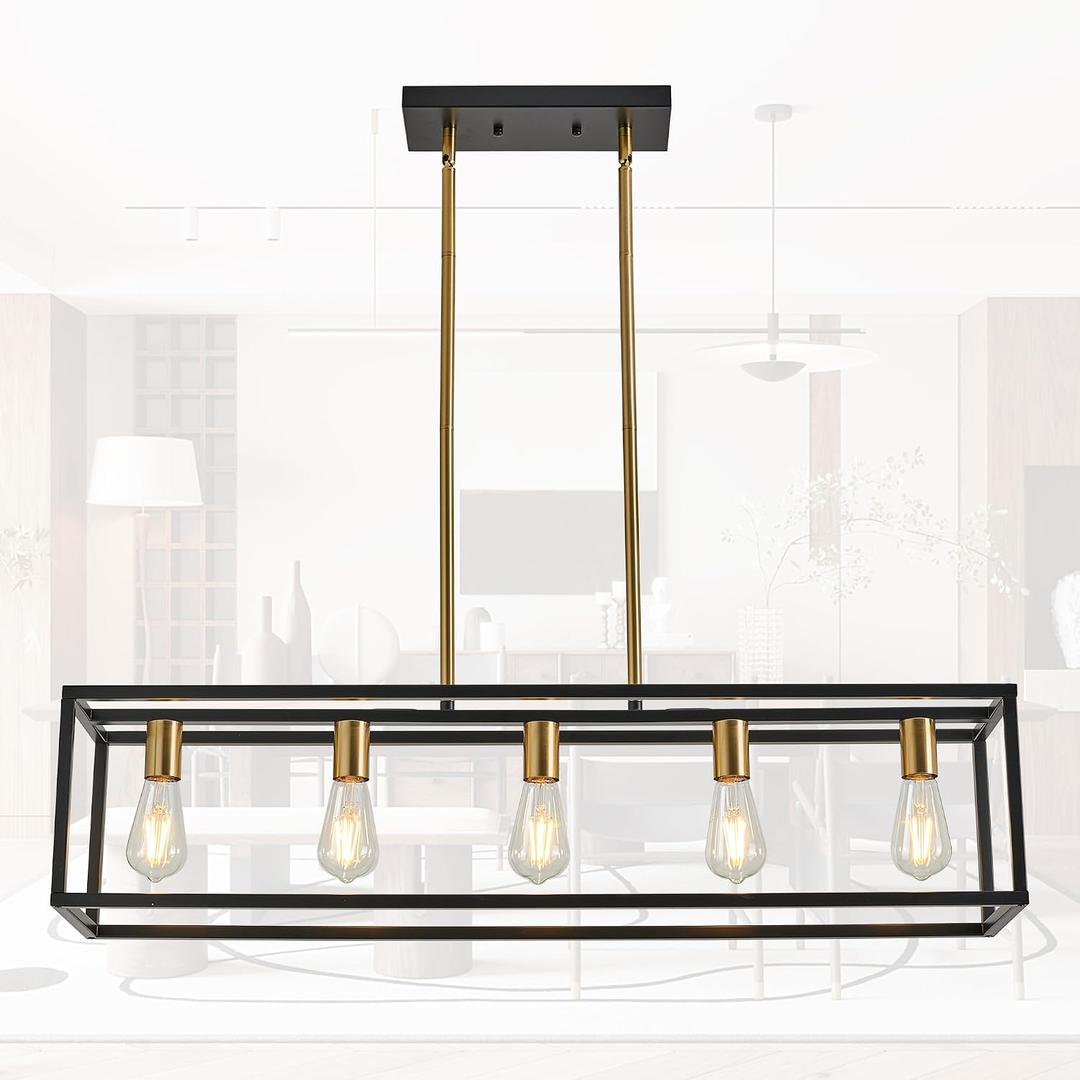Kitchen Light Fixtures Farmhouse Rectangle Chandeliers Dining Room Light for Dining Rooms, Light Fixture Matte 5-Light Industrial Pendant Lighting