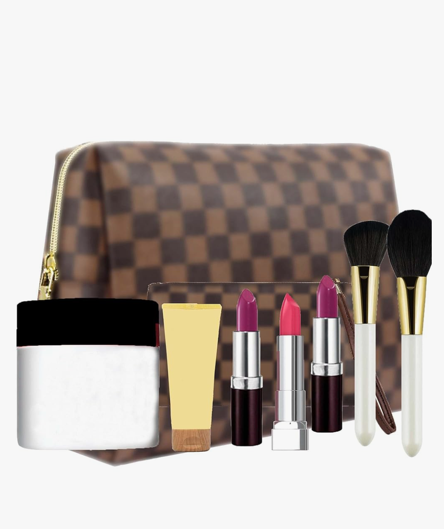 Makeup Bag, Cosmetic Bag, Portable Leather Large Checkered Makeup Bag, 2 Pack Large Capacity Travel Cosmetic Bag for Women, Lightweight Design and Waterproof Toiletries Bag Christmas Gifts