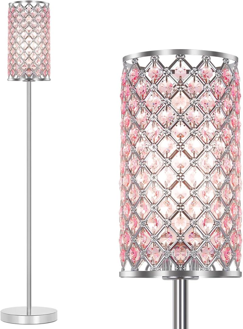 Crystal Floor Lamp for Bedroom, Silver Floor Lamp with Pink Shade, Girls Lamp with On/Off Foot Switch, Elegant Standing Light Tall Pole Lamp for Living Room, Dresser, Office (E26 Base)