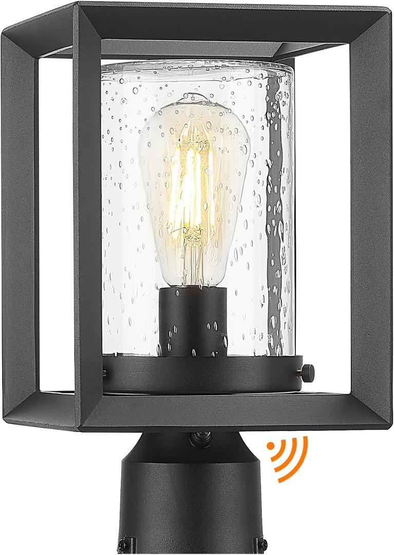 Emliviar Modern Dusk to Dawn Outdoor Lighting, 12 Inch Small Lamp Post Light Fixture with Photocell Sensor, Outdoor Pole Lamp in Black Finish with Seeded Glass Shade, 2083P-PC BK