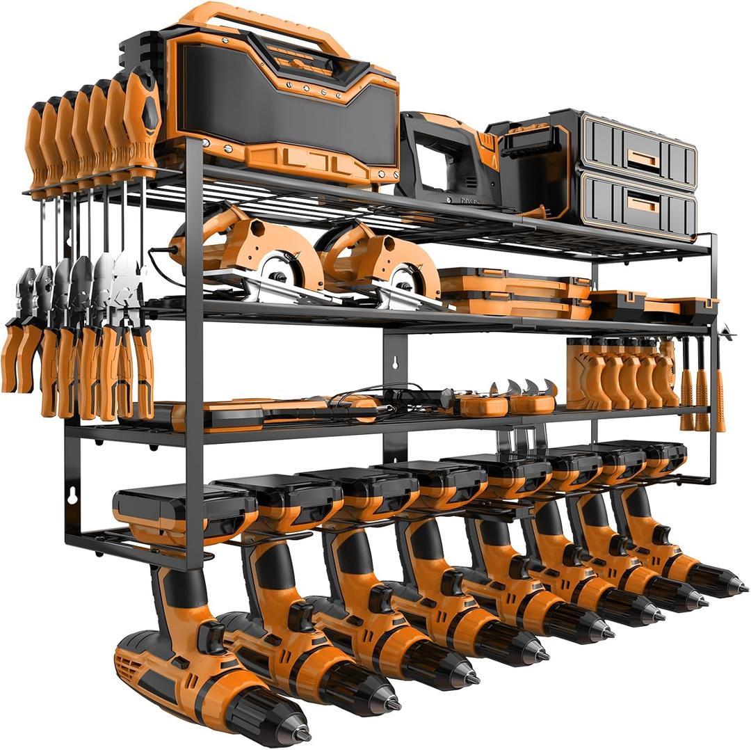 Power Tool Organizers Wall Mount, Power Drill Tool Holder, 4 Layer Tool Rack 8 Drill Holder Wall Mount and Storage Rack for Garage Organization, Heavy Duty Tool Organizer Shelf