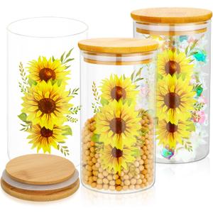 Layhit 3 Pcs Sunflower Glass Canister Set Clear Lemon Kitchen Storage Jars with Airtight Bamboo Lid for Coffee Bean Cookie Candy Tea Flour Farmhouse Home Countertop 24oz