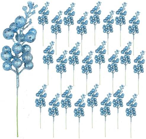 Huisipool 24 Pieces Christmas Glitter Berries Stems Artificial Berry Twig Stem Berry Picks Decorations for Christmas Ornaments, DIY Xmas Wreath, Holiday and Party Decor (Light Blue)