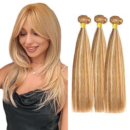 P27/613 Blonde Bundles Human Hair Straight Bundles 14 16 18 Inch Honey Blonde Bundle Human Hair Extensions Unprocessed Virgin Remy Hair 3 Bundle 50 Gram Per Bundle