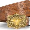 Mawjom Western Cowboy PU Leather Belt - Men Waist Strap Bull Decoration Floral Engraved for Jeans 25" to 38" Waist (Brown-square-buckle)