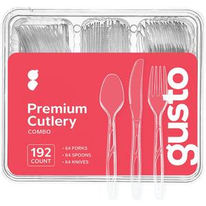 GUSTO [192 Combo Pack] Premium Heavyweight Disposable Clear Plastic Silverware - 64 Forks, 64 Spoons, 64 Knives, plastic utensils, Cutlery Set for Parties, Events, and Catering
