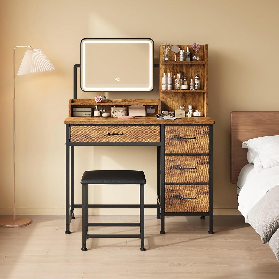 Vanity Desk with Mirror and Lights, Makeup Vanity Desk with 4 Fabric Drawers & Storage Shelvs & Chair, 3 Color Modes & Adjustable Brightness, Rustic Brown Vanity, Vanity Set, Bedroom Furniture