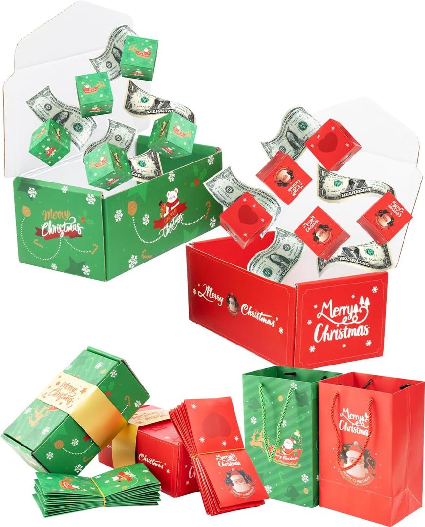 ASSRECT 2 pcs Exploding Gift Box - Christmas Surprise Box Pop Up with 24 Money Holders, Reusable Party Gift Box for Cash, Gifts, Xmas, Birthday, Party Supplies (Red+Green)