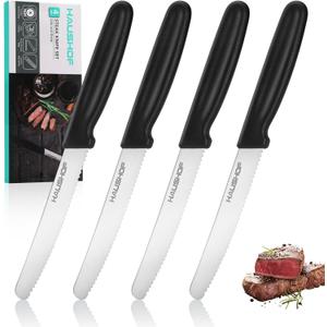 HAUSHOF Steak Knives Set of 4, Sharp Serrated Steak Knives, Premium Stainless Steel Steak Knife Set with Gift Box, Black Handle