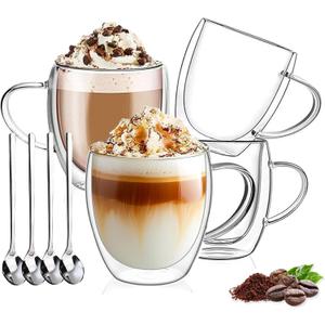 DINGPAl 4 Pack 8oz Double Wall Glass Coffee Mugs,Heat-resistant Borosilicate Glass Mug Cappuccino Espresso Tea Latte Cup with Handle,4 Spoons for Stirring Beverages in Bar,Cafe,or at Home