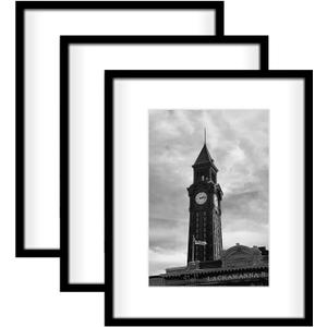 Wiscet 16"x20" Picture Frame Set of 3, Display Pictures 11"x14" with Mat or 16" x 20" Poster Frame Without Mat, Wall Gallery Photo Frames, Black
