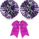 Hanaive 3 Pcs Cheerleading Pom Poms and Large Cheerleader Hair Bow Metallic Cheer Supplies for Team Spirit Sports Dance Cheering (Purple Mixed Silver)