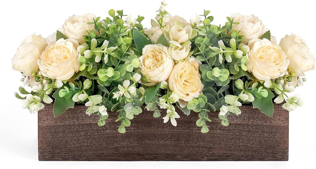 Dahey Centerpiece Table Decorations for Dining Room Farmhouse Living Room Table Centerpieces Decor Wood Tray with 3 Artificial Flowers and 2 Eucalyptus for Kitchen Table, 14.1" x 4.7" x 3.1" (Champagne)