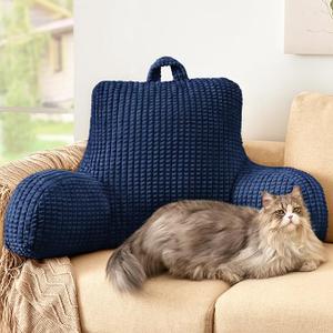 Love's cabin Reading Pillow for Bed, Memory Foam Back Pillow for Bed Sitting Up, Rest Pillow with Arms and Pockets for Adults, Navy Blue