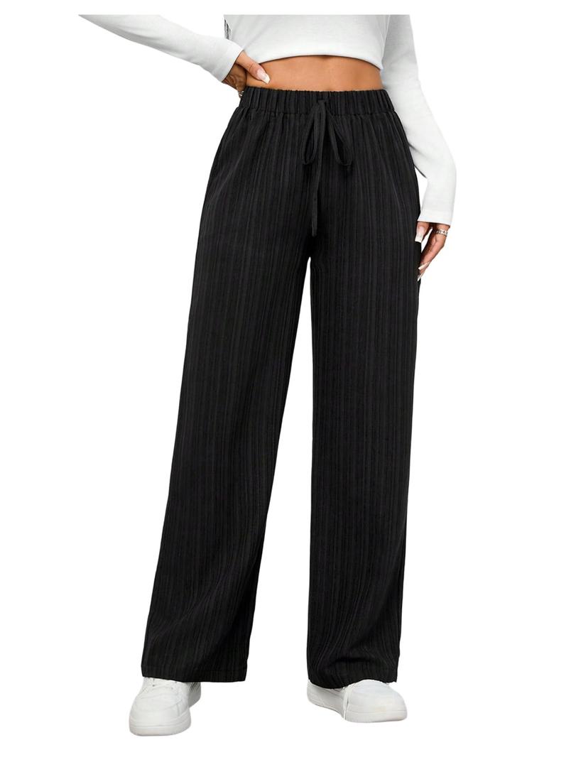 SHENHE Women's Wide Leg Pants Drawstring High Waisted Textured Casual Loose Travel Pants Black Petite S (S)