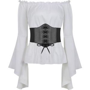 Halloween Women Renaissance Blouse Tops with Corset Waist Belt Medieval Victorian Off Shoulder Top Pirate Costume (Large, White)