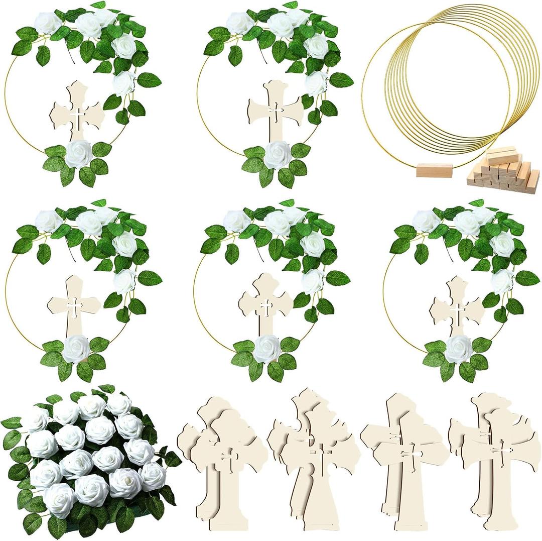 LEIFIDE 40 Pcs First Communion Decorations Baptism Table Centerpieces Decoration First Communion Wreath with 8 Gold Metal Floral Hoop Rings 8 Standing Wooden Cross and 24 Fake Roses Stems(White)