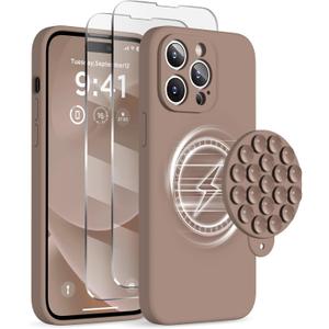 Magnetic for iPhone 14 Pro Max Case, Compatible with MagSafe, [Full Camera Protection][2 Screen Protectors], Suction Cup Phone Mount Silicone Shockproof Protective Phone Case 6.7", Light Brown
