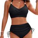 Blooming Jelly Womens High Waisted Bikini Sets Drawstring Tummy Control Swimsuits Crisscross Tie Back Bathing Suit (Small, Black)