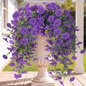 Sggvecsy Artificial Fake Hanging Flowers Plants for Outdoor Outside Spring Summer Decoration 2PCS Faux Silk UV Resistant Realistic Morning Glory with Eucalyptus for Home Porch Patio Balcony(Purple)