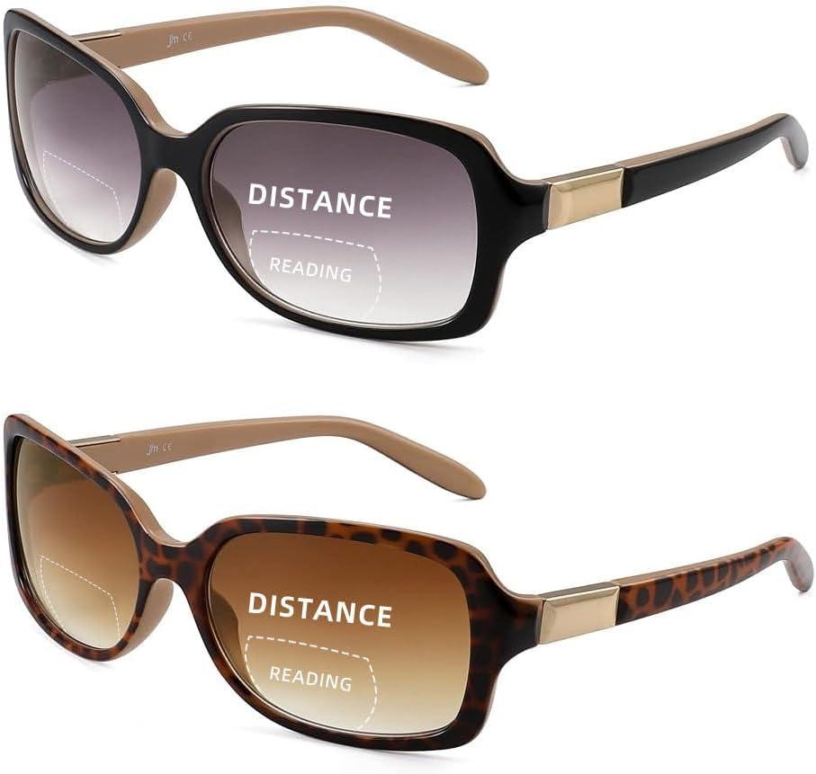 2 x JM 2 Pack Classic Bifocal Reading Glasses Square Stylish Gradient Sunglasses Readers for Women +2.25