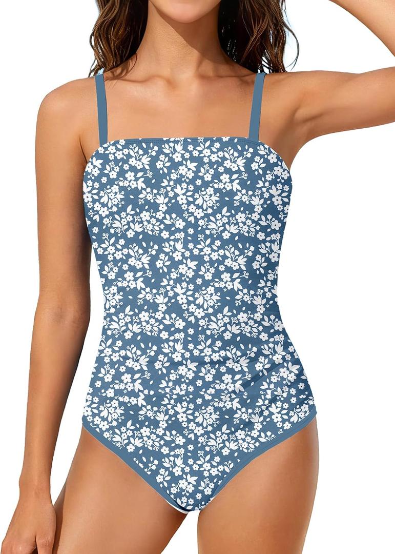 Shallmu Girls One Piece Swimsuits Color Block Dual Crossback Straps with Cover Up Skirt Girl's Swimwear 9-16Y (Blue)