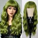 YOSILADY Green Wig with Bangs Soft Long Wavy Wigs for Women 26 Inch Natural Looking Synthetic Wigs for Halloween Cosplay and Parties Use (Green)