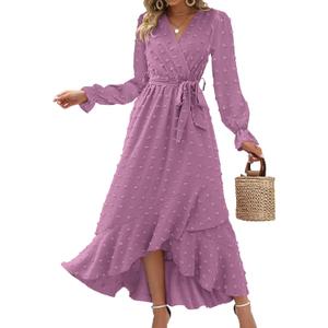 BTFBM Long Sleeve Maxi Dresses for Women V Neck Swiss Dot Boho Flowy Slit Cocktail Wedding Guest Dress Fall Clothes 2025 (Medium, Purple)